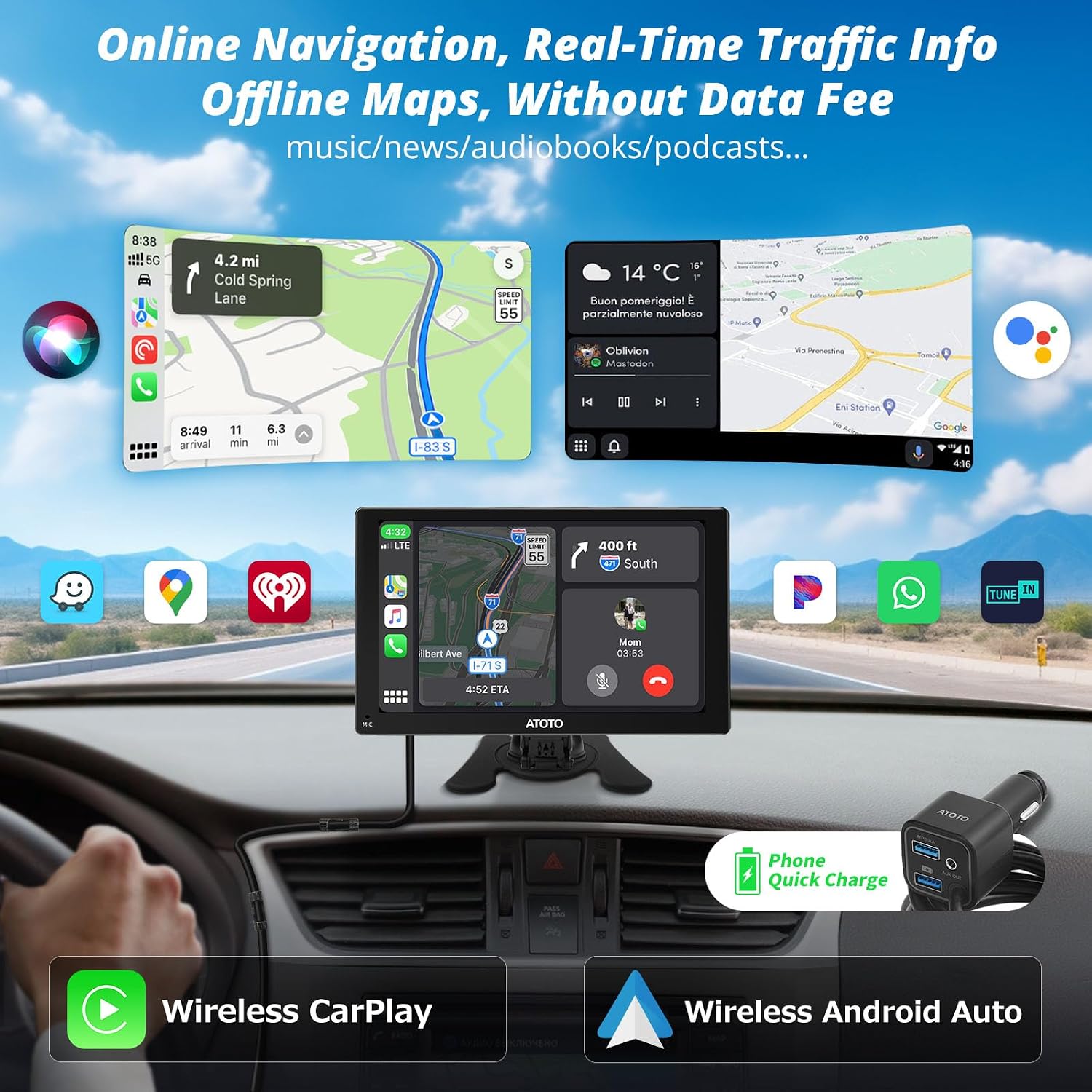 ATOTO P5 ポータブルワイヤレスCarPlay Android Autoレシーバー